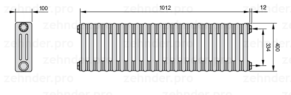 Схема (чертеж) Радиатор Zehnder Charleston 3040/22 №7610 Белый глянцевый RAL 9016